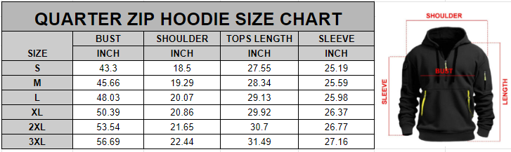 web Quarter Zip Hoodie Size chart
